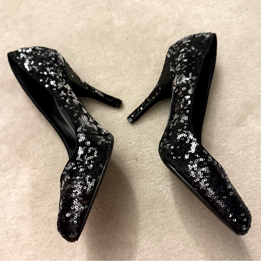 WHBM Athena Black and Silver Sequin Heels sz 10